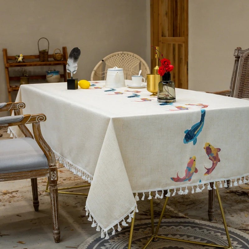 Bluejw Cotton and Linen Tablecloth with Fish Pattern Embroidery White Table Cloth with Lace Table Clothes - Image 3